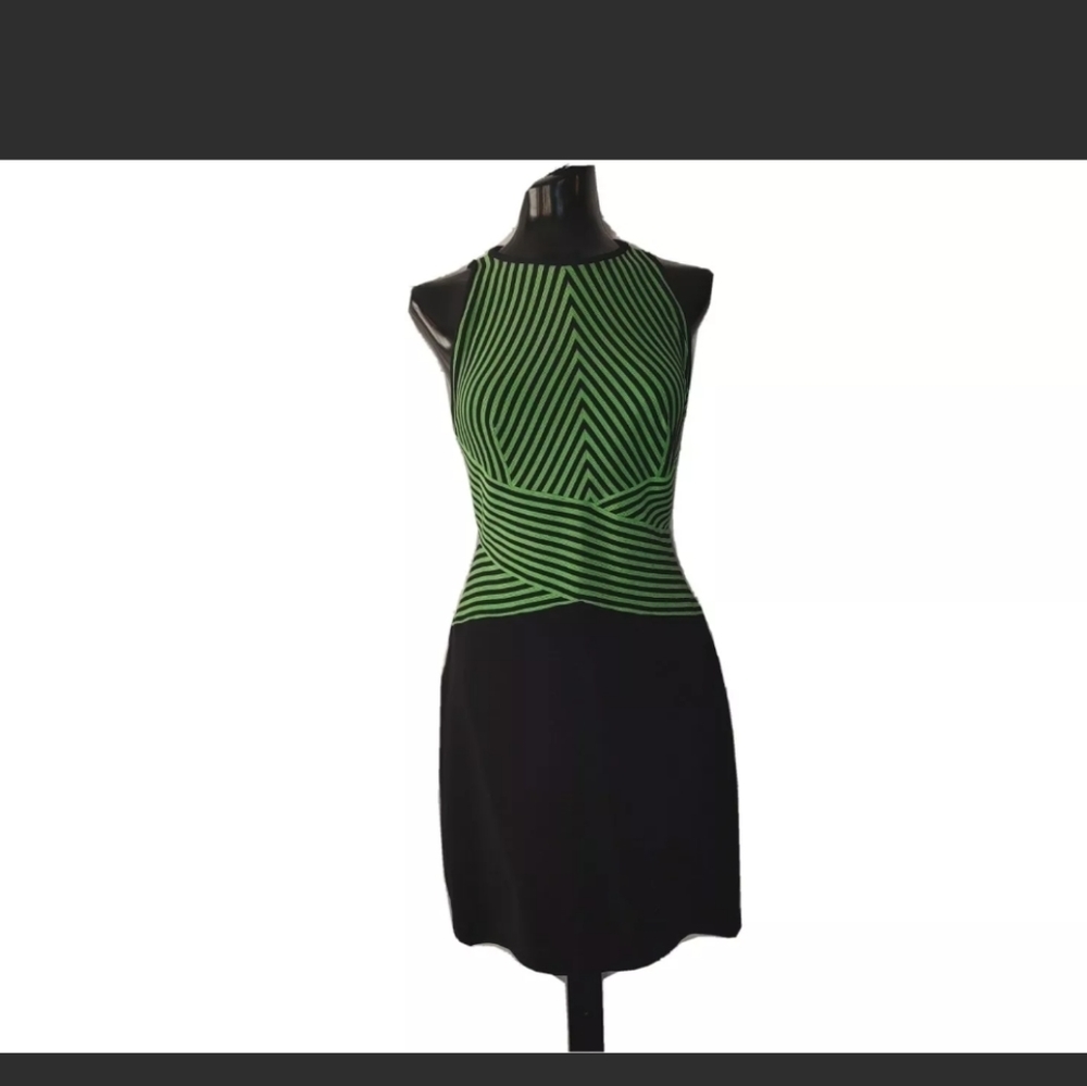 Vintage 90s Tadashi Cocktail Party Dress Lime Green And Black Striped Mini Tank